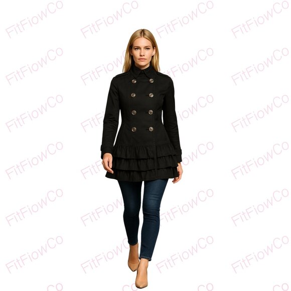 Express Jackets & Blazers - Express Black Ruffle Hem Trench Coat – Double Breasted  Size XS  Preowned